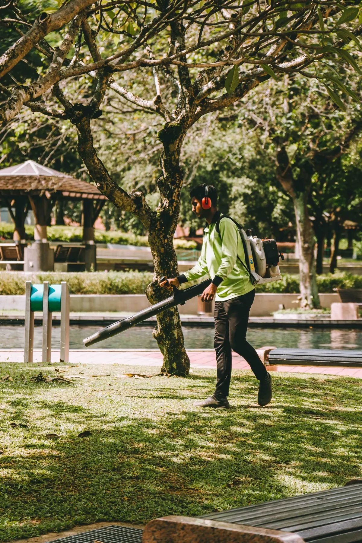 Leaf blower clearing a yard in fall